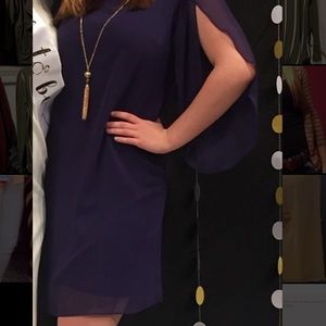 SLNY Dark Blue Loose Dress with Gold Necklace